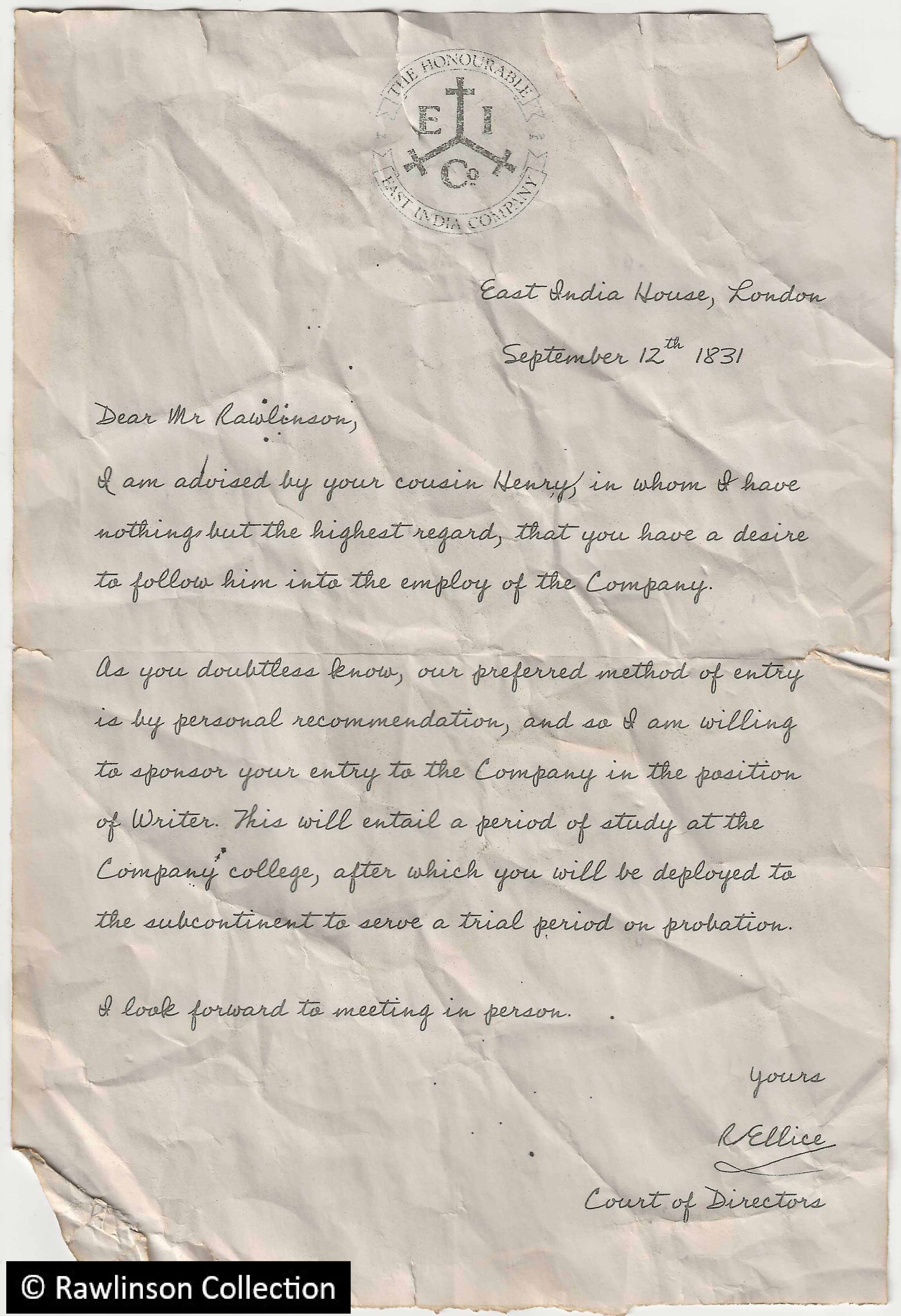 Offer of employment to the East India Company